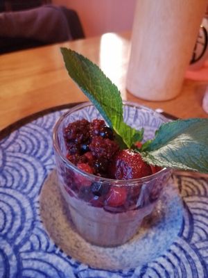 Chocolate mousse on base of silk tofu 🍫 with berries 🍓 😍 at Secret Garden in Berlin