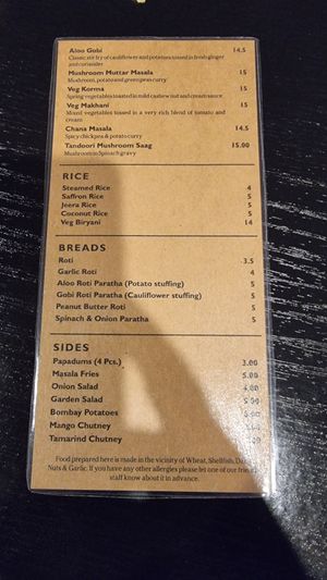 Vegan Menu at Oye Bombay in Altona