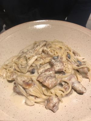 Vegan Cabonata at nu dish Deli & Cafe in Tokyo