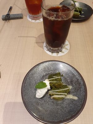 Dessert od the day matcha banana bread with coffee included in the price of the lunch meal at nu dish Deli & Cafe in Tokyo