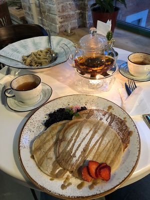 Pancakes and Mushroom Pasta
The pancakes are served with fresh strawberries, dates syrup and jam while the pasta has an unbelievable cheesy flavour! at I love you - Ya lyublyu tebya -я люблю тебя in St Petersburg