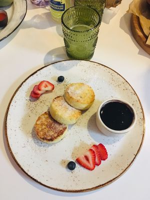 Syrniki with blueberry jam at I love you - Ya lyublyu tebya -я люблю тебя in St Petersburg