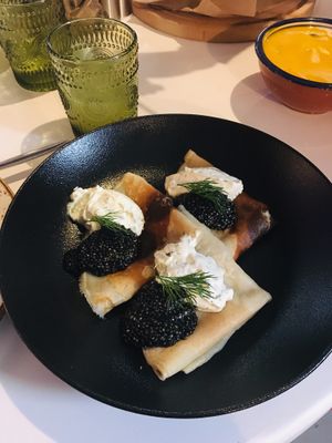 Bliny with chia “caviar” at I love you - Ya lyublyu tebya -я люблю тебя in St Petersburg