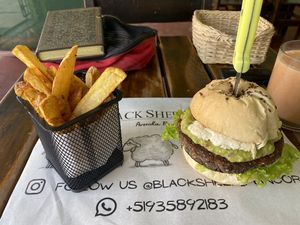 Black bean burger and fries   at Black Sheep in Mancora