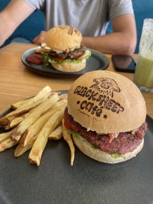 Lentil & beet burger  at Black Sheep in Mancora