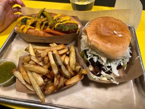 Remi dog, bbq Jack and fries  at Saus at Bow Market in Somerville