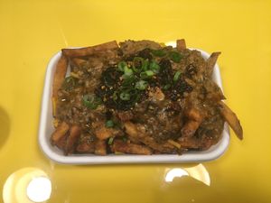 Vegan poutine with sambal at Saus at Bow Market in Somerville