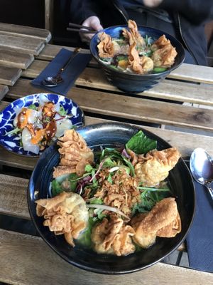 Wantan ramen soup and steamed filled dumplings  at An Vegan House  in Hamburg