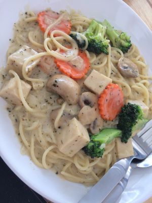 Pasta “carbonara” at Vegan Phangan in Koh Phangan