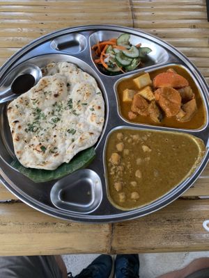 Thali style dish with Naan and Chickpea Dhal. 150 bht  at Vegan Phangan in Koh Phangan