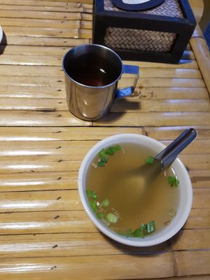 Ginger turmeric tea and a soup for free as a welcome gift at Vegan Phangan in Koh Phangan