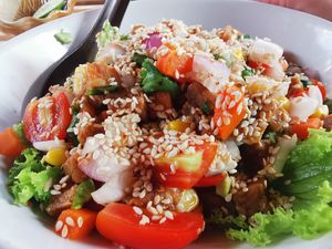 Avo salad (avos are on the bottom) super tasty!! at Vegan Phangan in Koh Phangan