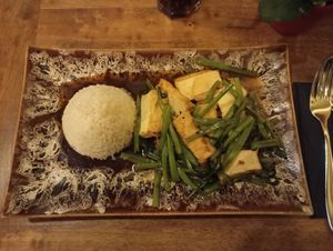 "WATER SPINACH" (Water Spinach fried in Garlic with Tofu, served with Tender Fragrant Rice) at East Moon in Berlin