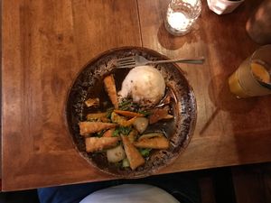 From vegan menu: vegetables in brown sauce with ‘fake chicken’ at East Moon in Berlin