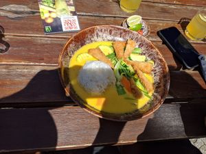 Mango sauce with vegetables and fake chicken. The mango sauce had a strong coconut taste and was refreshing. Fake chicken was good. at East Moon in Berlin