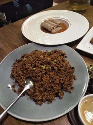Fried rice and lotus rolls. at TàiSù ShūShí in Shanghai