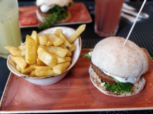 Burger with fries at Peter Pane - Friedrichstr in Berlin