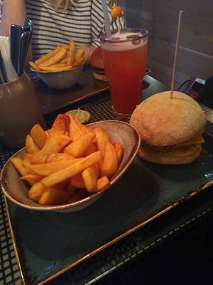 Burger with vegan cheese at Peter Pane - Friedrichstr in Berlin