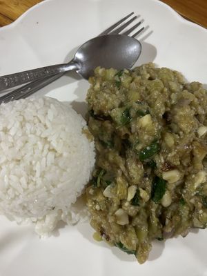 Smashed aubergine with rice  at Sabaïdee in Phonsaly