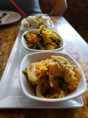 Kimchi plate. Verified vegan at Kokeshi in Salem