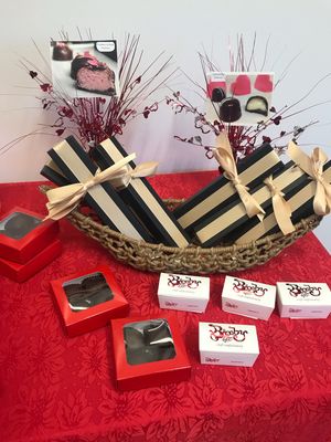 Vegan bon bons in red boxes at Bixby & Co in Rockland