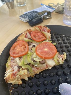 veggie delight no broccoli sub pineapple on vegan whole wheat crust with vegan cheese at Mooses Tooth in Anchorage