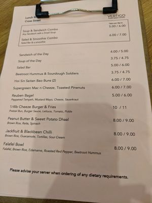 Lunch menu at Vertigo - Cross St in Manchester