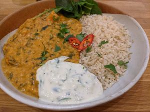 Peanut butter and sweet potato dhaal with spinach and raita at Vertigo - Cross St in Manchester