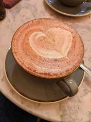 Red velvet latte at Vertigo - Cross St in Manchester