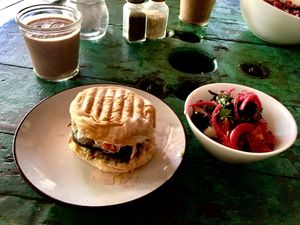 vegan burger with side salad and chocolate frappe at Tuyo Coffee Roasters in Puerto Viejo De Talamanca