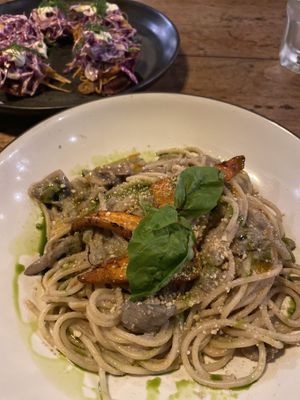 Jackfruit sliders (in the back) and fennel mushroom pasta  at Manggis in Canggu in Canggu