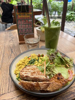 Tofu breakfast plate with cool mint juice  at Manggis in Canggu in Canggu