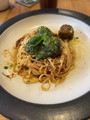 Spaghetti with vegan meatballs   at Manggis in Canggu in Canggu