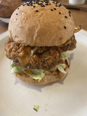 Burger with vegan chicken   at Manggis in Canggu in Canggu