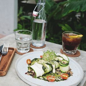 Raw Cannelloni
Thinly sliced zucchini filled with cashew nuts, mushrooms and sun dried tomatoes and served with cashew sauce amd basil pesto. at Manggis in Canggu in Canggu