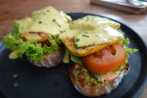 Tofu and hollandaise on bread! at Manggis in Canggu in Canggu