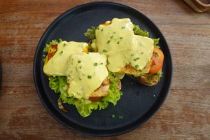 Tofu and hollandaise on bread! at Manggis in Canggu in Canggu