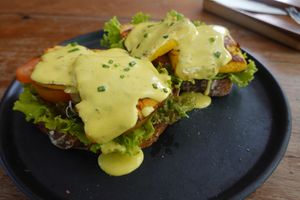 Tofu and hollandaise on bread! at Manggis in Canggu in Canggu