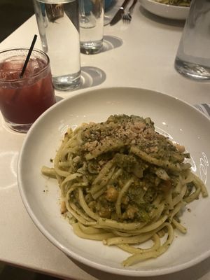 Almond Hazelnut Pesto Bucatini & Pommule cocktail  at Stanza in Salt Lake City