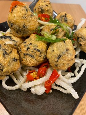 Tofu Nori Balls! Look at those chilis! Pow! at Brainwave Cafe in Sydney