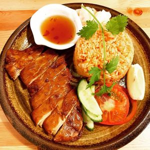 Crispy Vegan Duck with Tomato Rice at Brainwave Cafe in Sydney