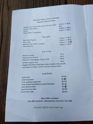 Menu at Brainwave Cafe in Sydney