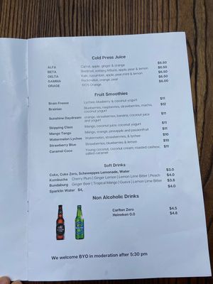 Menu at Brainwave Cafe in Sydney