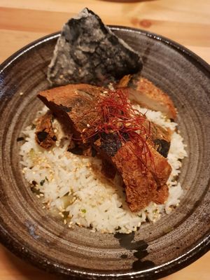 Fried mock fish and rice at Brainwave Cafe in Sydney