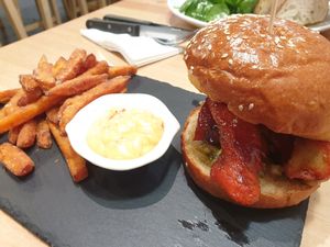 Vegan Bbq burger with sweet potato chips and aioli at Brainwave Cafe in Sydney