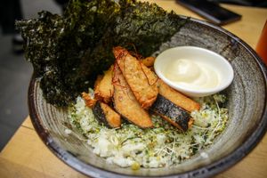 rice bowl with "fish" at Brainwave Cafe in Sydney
