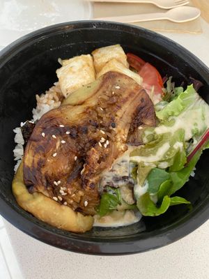 Unagi-Style Eggplant with Silken Tofu, Rice and Salad. at Brainwave Cafe in Sydney
