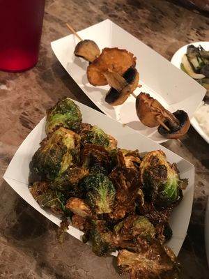 Fried Brussels sprouts and mushrooms stick at Saimin Dojo in Kapaa