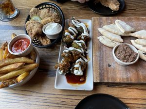 Fries, fried chick’n, broccoli, olive tapenade with pita   at O.G.B. in Christchurch
