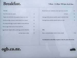 7.30-11.30 am /-2pm Sat&Sun Breakfast Menu at O.G.B. in Christchurch